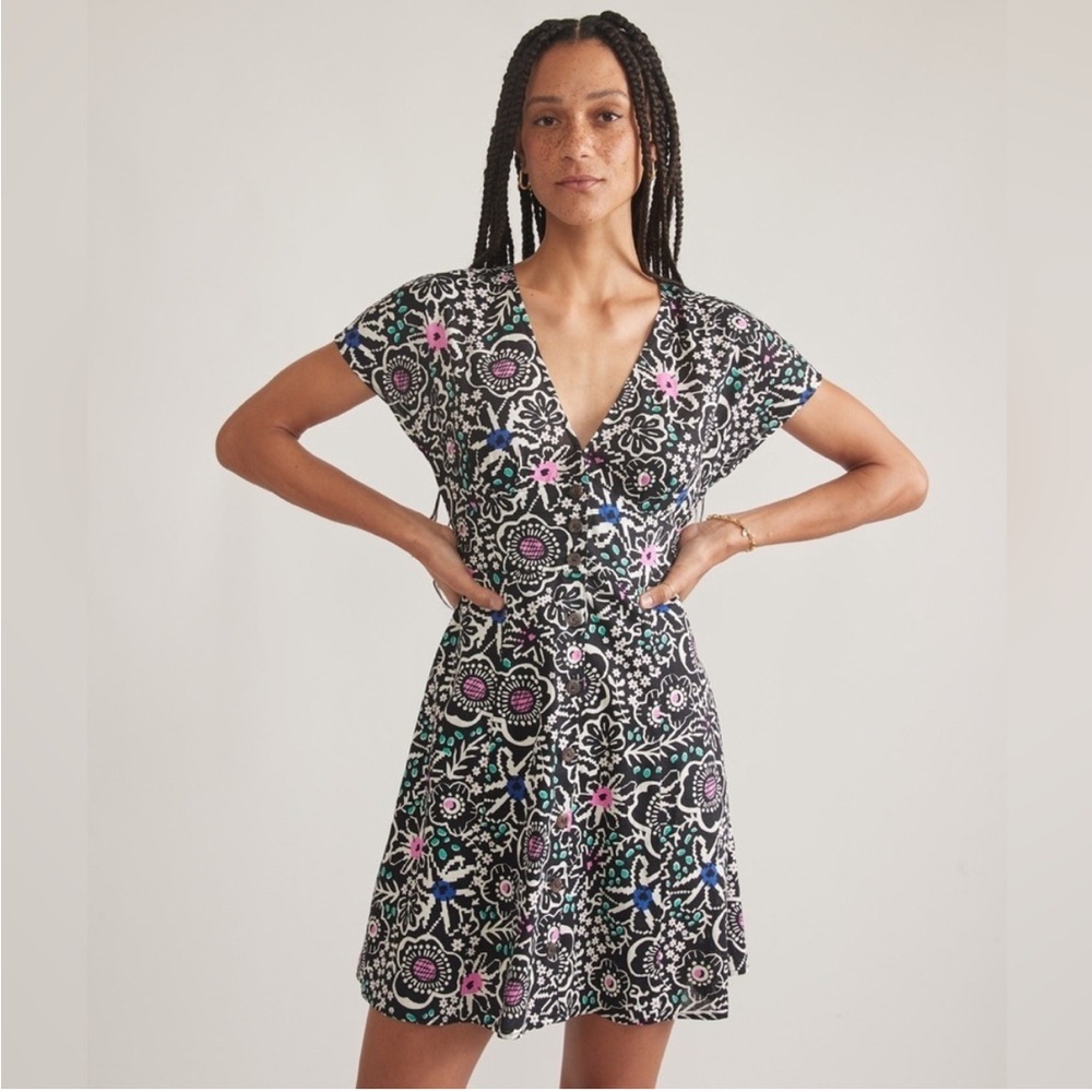 Marine Layer Black Floral Mini Dress with Pink, Blue & Green Accents